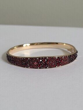 Vintage Boho Garnet Cluster Wide Gold Filled Rolled Gold Hinged Bangle Bracelet